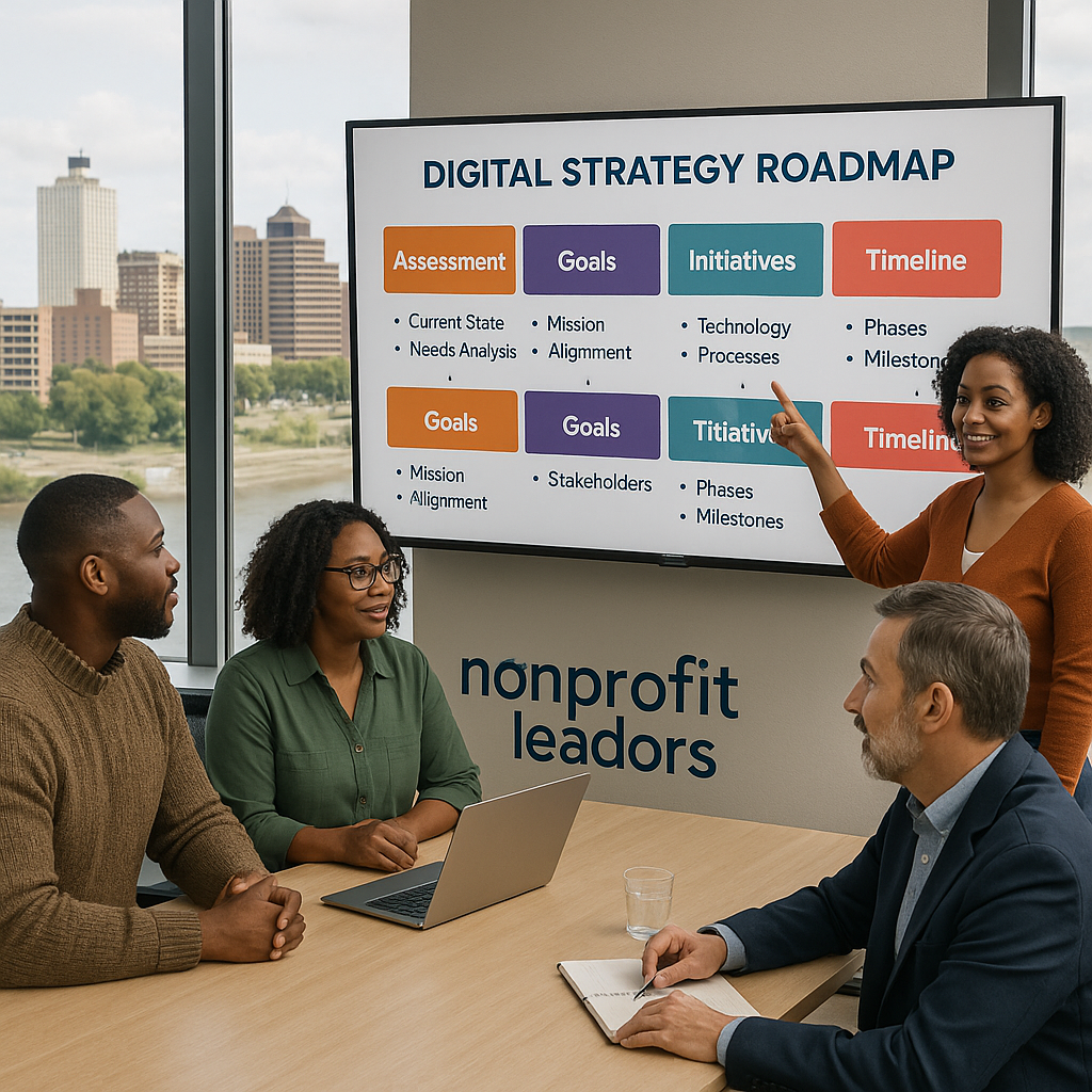 A collaborative meeting scene showing nonprofit le