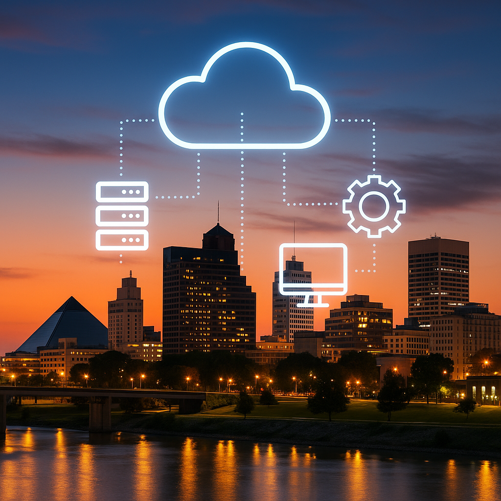 Modern Memphis skyline at dusk with digital cloud